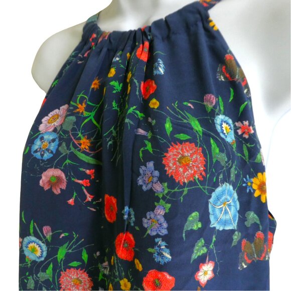 SiLK Ecru Brand Navy Floral Cami Top High Neck Keyhole Button Back Lined S Small - Picture 2 of 9